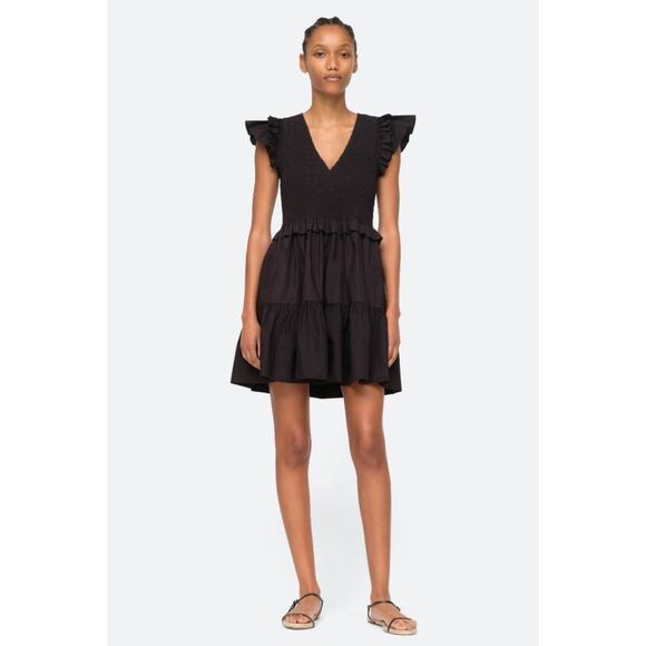 Sea New York Phoebe Mini Dress Womens 10 Black Smocked Tiered Pockets Cotton - Picture 1 of 10